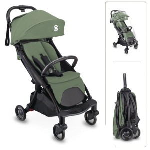 Olive grüner Globber Stroll Lite Buggy für Baby und Kleinkind, aufgeklappt. Zeigt auch Faltmechanismus und Regencover.