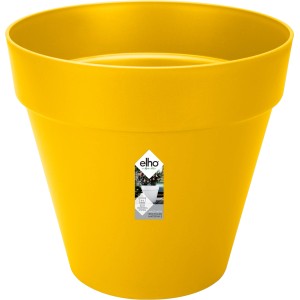 Ockerfarbener, runder Elho Blumentopf Loft Urban mit Rollen, Ø 38,5 cm.