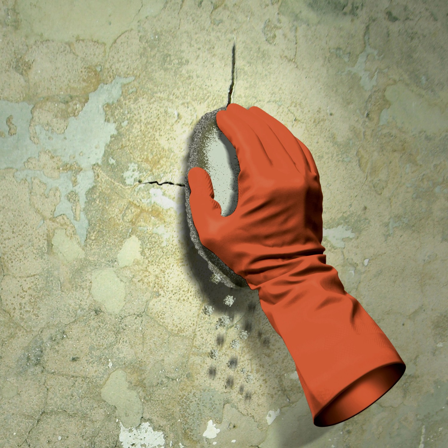 Anwendung von MEM Wasser-Stopp: Hand mit Handschuh dichtet Riss in Wand ab.