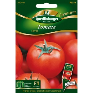 Samenpackung Quedlinburger Stab-Tomaten Serrat: rote, reife Tomaten abgebildet.