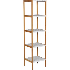 Bambusregal mit 5 Ablagen, 34x33x140cm, für Bad und Wohnraum.