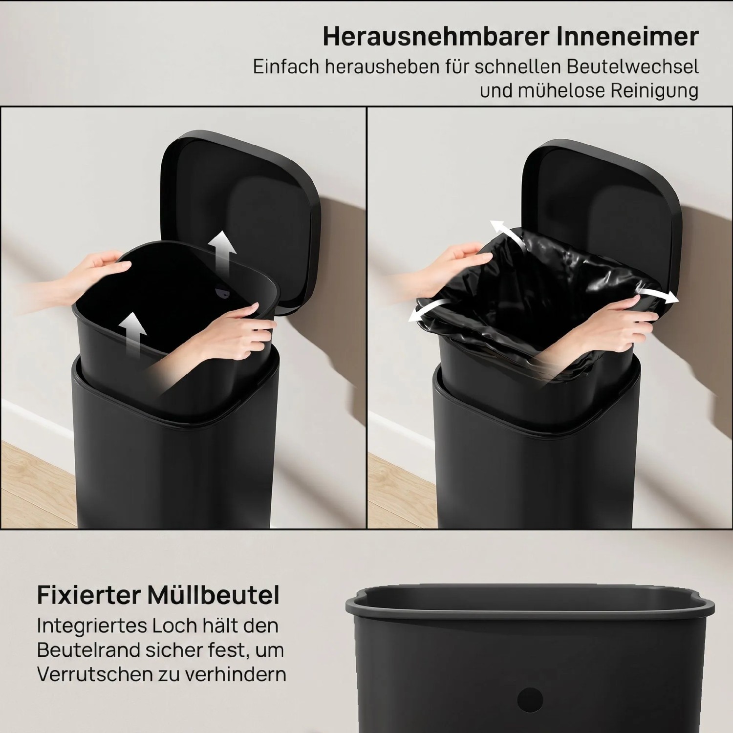 Schwarzer HOMCOM Mülleimer: Herausnehmbarer Inneneimer und Müllbeutelhalterung für einfachen Wechsel und Reinigung.
