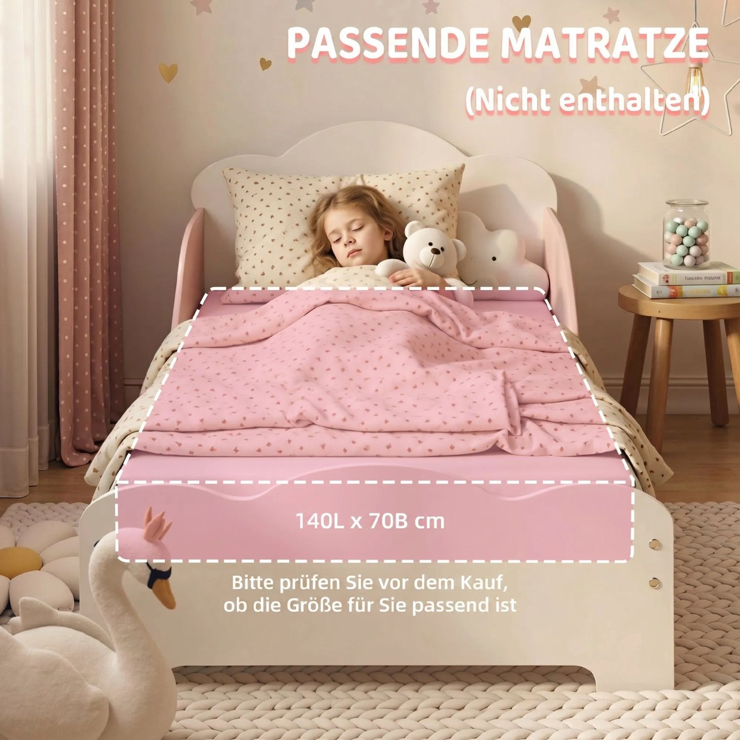 Rosa-weißes AIYAPLAY Kinderbett mit Wolken-Kopfteil und Schutzleisten. Für Matratze 140x70cm (nicht enthalten).