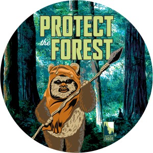 Runde Star Wars Fototapete mit Ewok im Wald, Aufschrift "Protect the Forest".