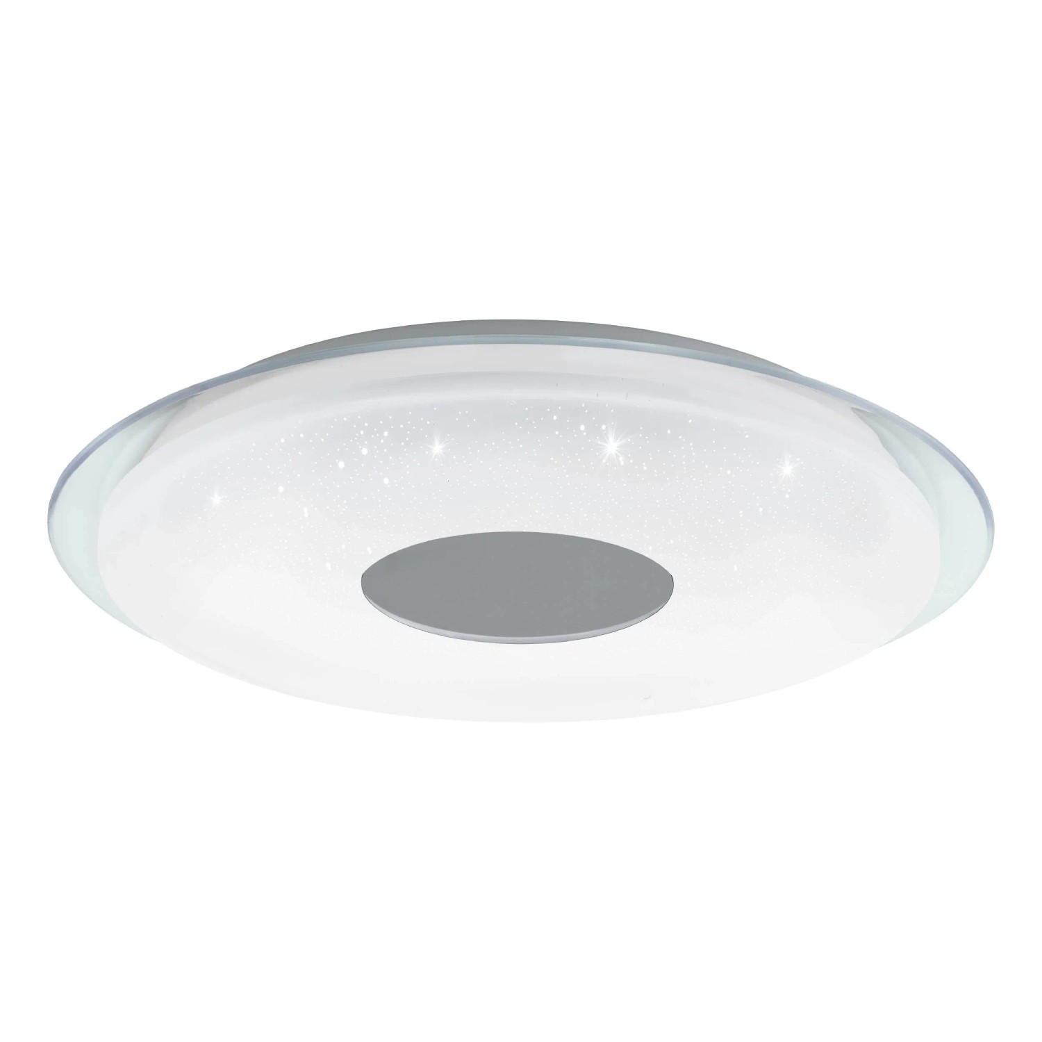 Weiße Eglo LED-Deckenleuchte Lanciano-Z mit transparentem Ring und Sternenmuster, Ø 56 cm.