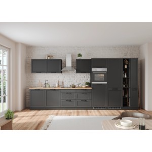 Graue Held Küchen Küchenzeile Kempten 420 cm ohne E-Geräte mit Hängeschränken und Regalen.
