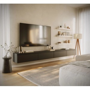 Schwarzes, mattes TV-Hängeboard Selsey Bemmi 300 cm mit vier Klappen, schwebend unter TV in modernem Wohnzimmer.