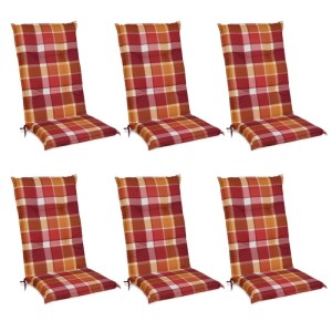 6er Set Beautissu Hochlehner Auflagen Sunny RO rot kariert, 120x50x6cm für Gartenstühle.