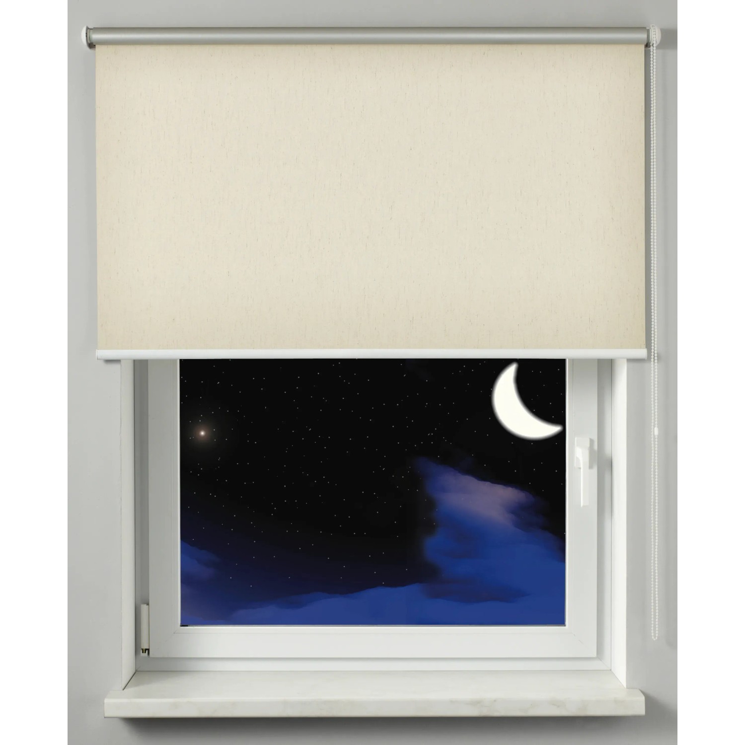 Gardinia Verdunkelungsrollo Thermo, Natur, Strukturstoff, vor Fenster mit Nachtszene.