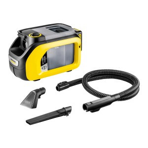 Kärcher Akku-Waschsauger SE 3-18 Compact mit Zubehör: Schlauch, Waschdüse und Fugendüse.