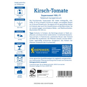 Kiepenkerl Cherry-Tomate Supersweet 100 Samen. Rote, süße Früchte an Rispen.
