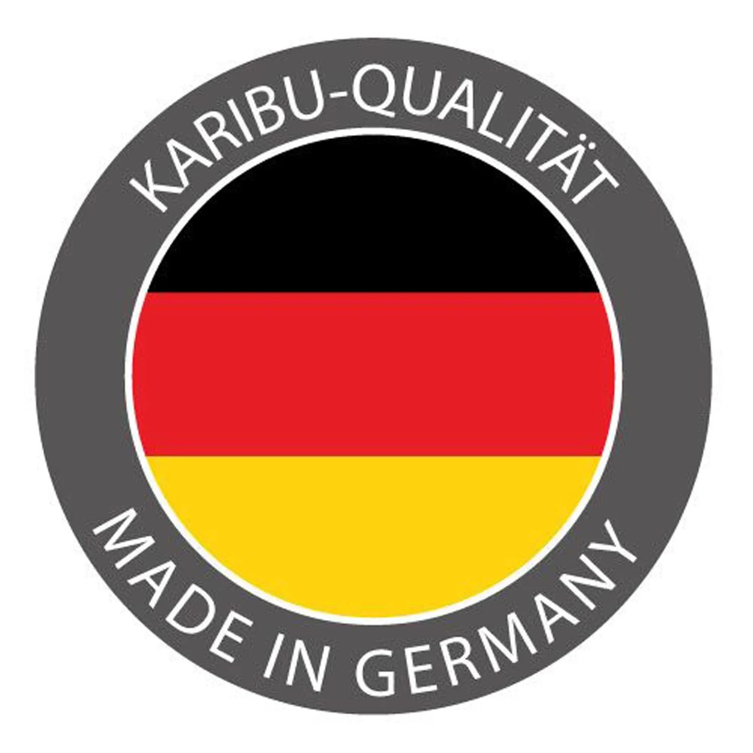 Karibu Qualitätssiegel: Made in Germany mit Deutschlandflagge für Massivholzsaunen.