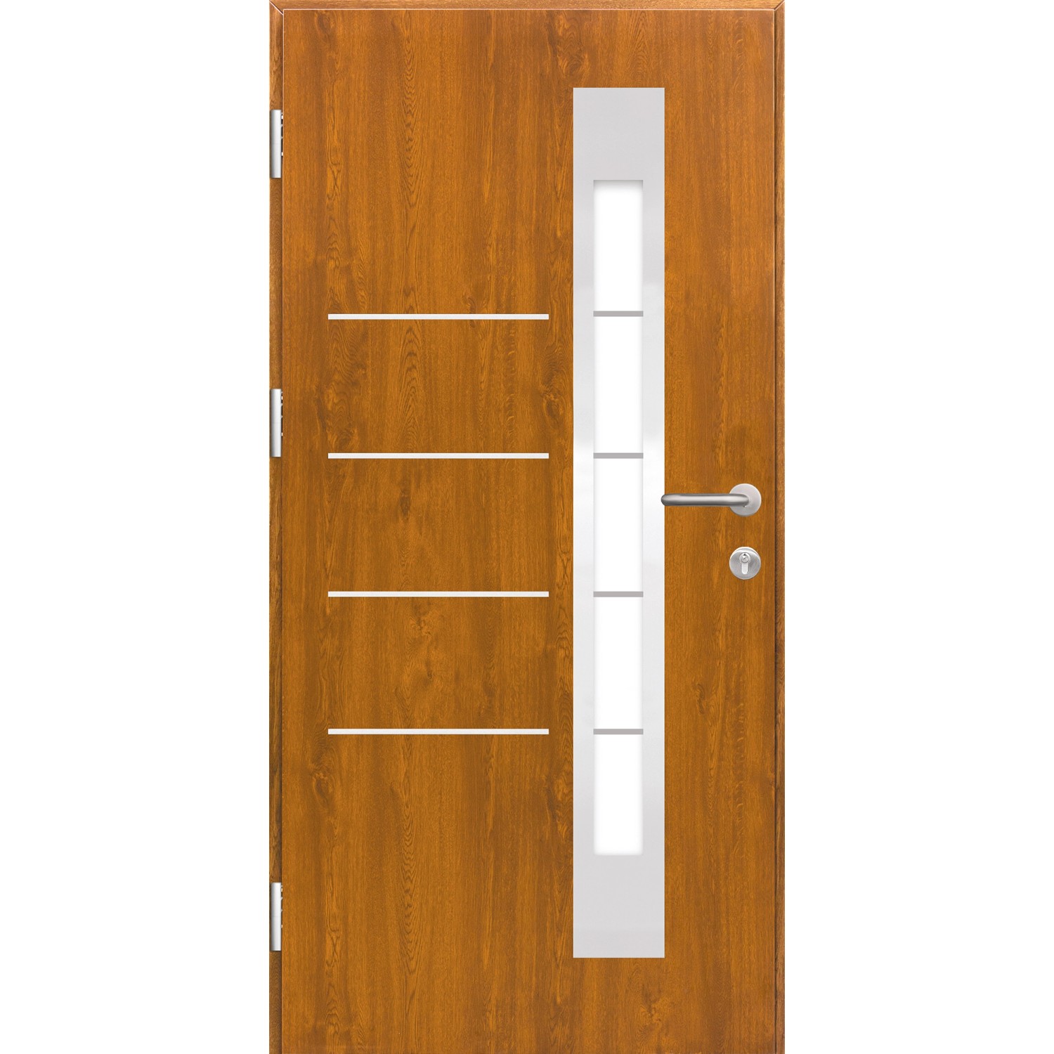 Splendoor Sicherheits-Haustür Berlin Prime RC2 Gold.Oak, 100x210 cm, mit Glaseinsatz und Edelstahl-Applikationen.