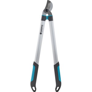Gardena EasyCut 680 B Astschere mit Bypass-Schneideprinzip, silberfarbene Hebelarme, blaue Griffe.