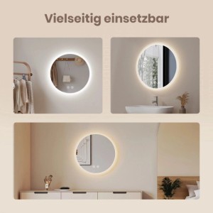 Runder Emke Badspiegel mit LED-Beleuchtung und Touch-Schalter, vielseitig in Bad, Flur und Schlafzimmer. Beschlagfrei.