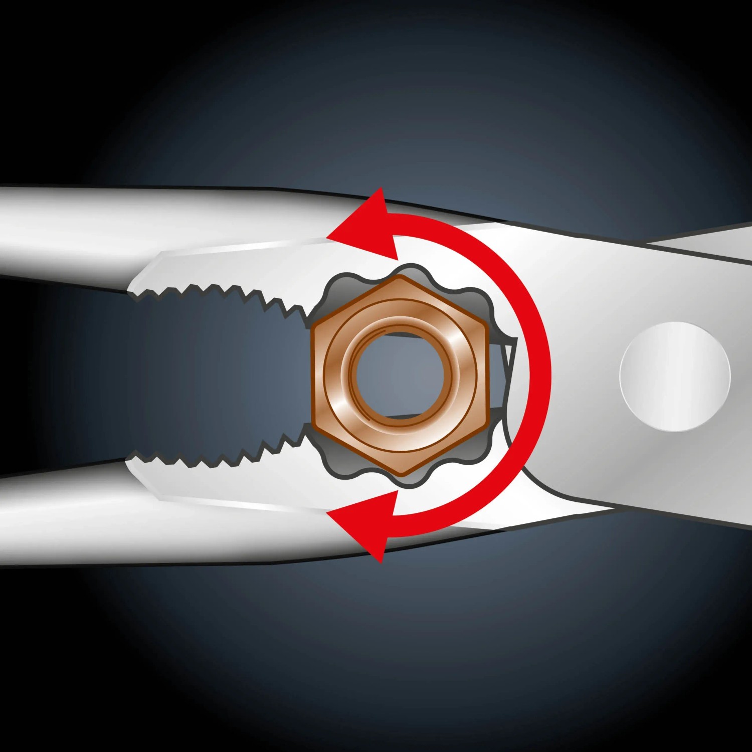 LUX Telefonzange Professional 160 mm beim Greifen einer Mutter, Drehbewegung durch Pfeil dargestellt.