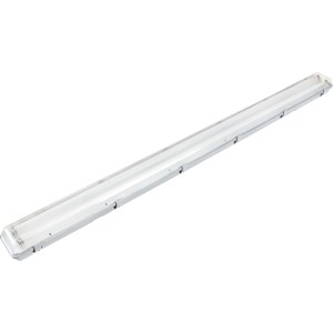 Graue Feuchtraumleuchte mit zwei Leuchtstoffröhren à 58 W für Bad, Küche oder Keller.