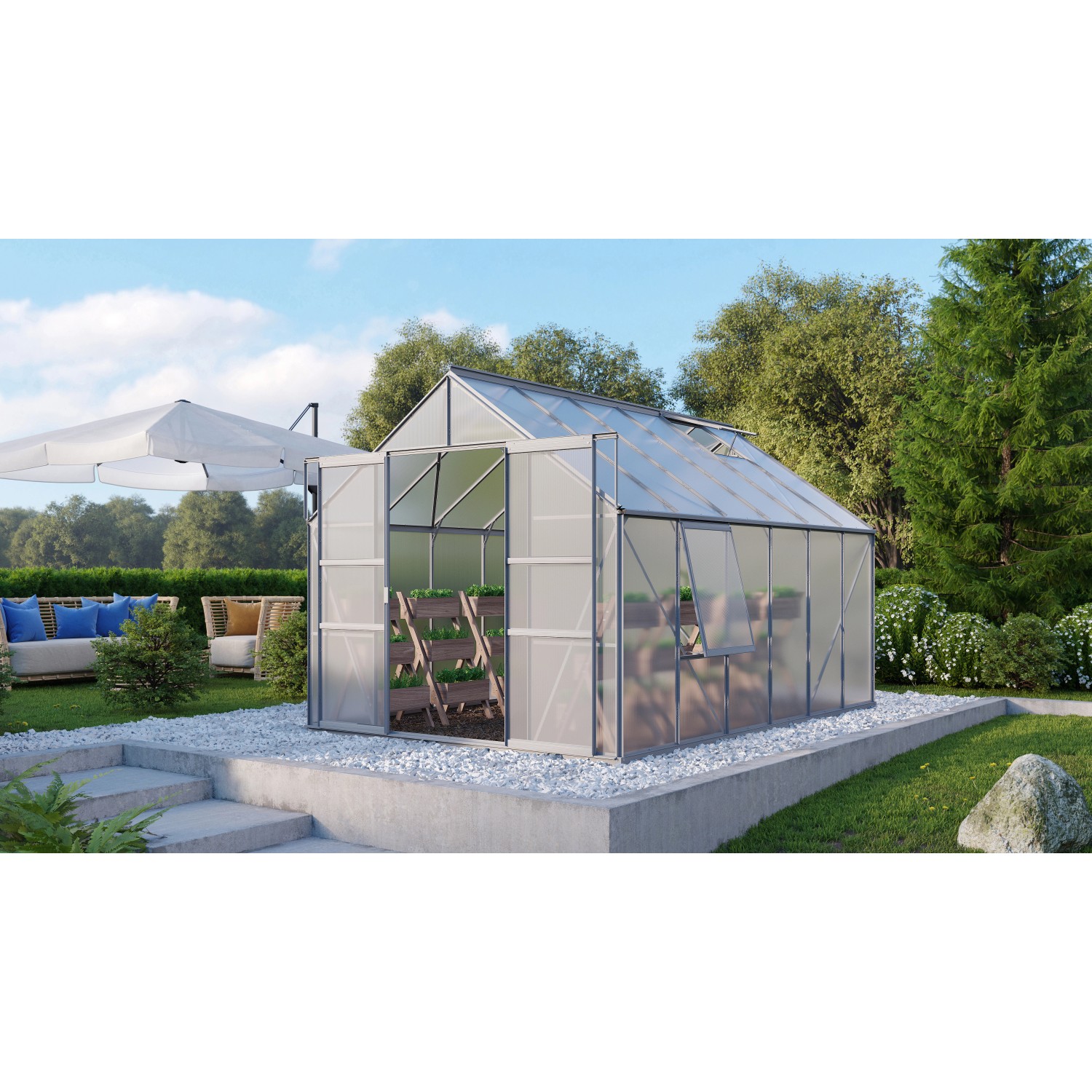 Vitavia Gewächshaus Meridian 9900 aus Alu mit Fundament, teilgeöffnet, im Garten.