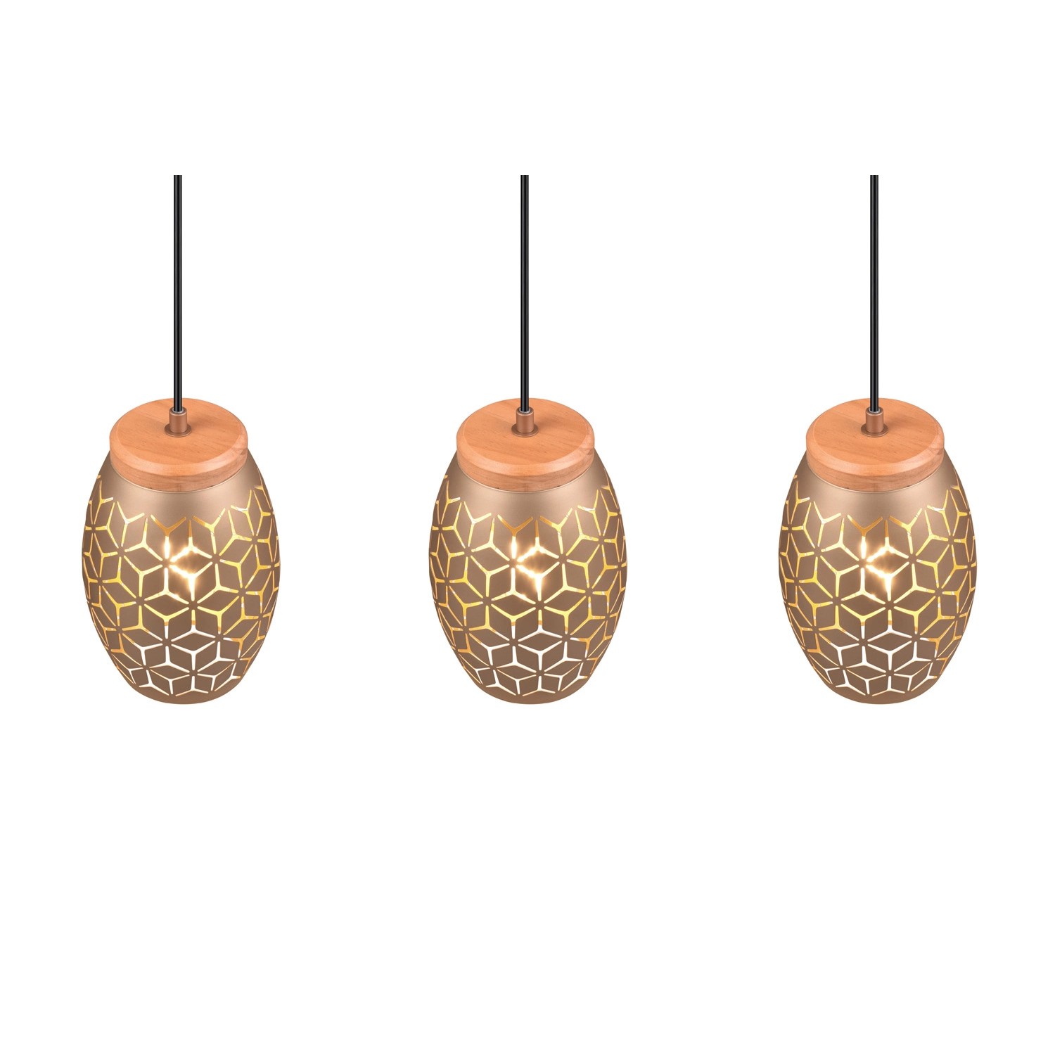 Reality Pendelleuchte Bidar, 3-flammig, Coffee. Hängelampe mit Holzakzenten und dekorativem Muster.