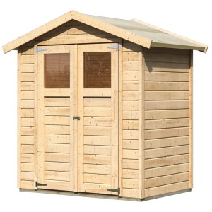 Unbehandeltes Karibu Holz-Gartenhaus Rom mit Satteldach, 177x120 cm. Gartenhaus mit Doppeltür und Fenstern.