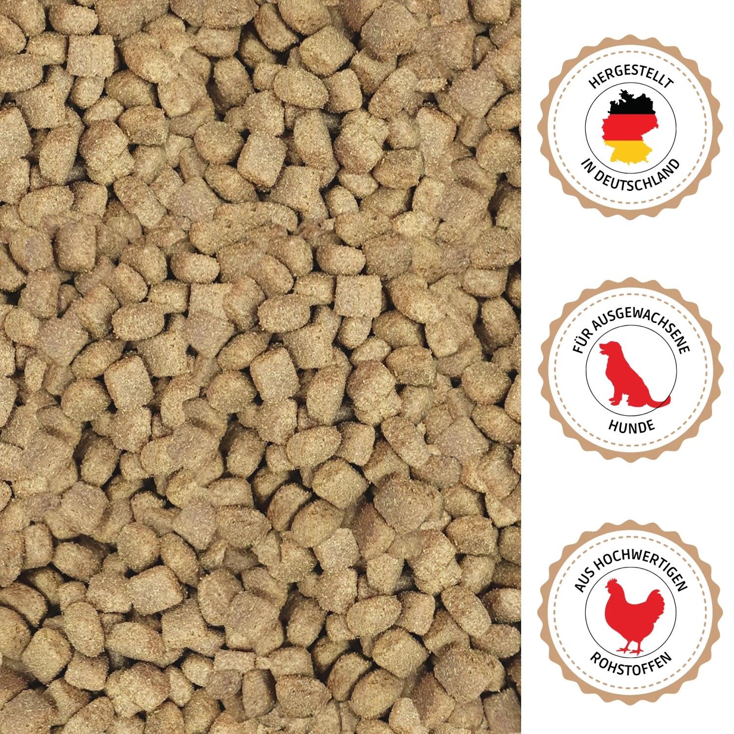 Supravit Hundetrockenfutter mit Huhn und Mais. Braune Pellets, in Deutschland hergestellt, für ausgewachsene Hunde, hochwertige Zutaten.