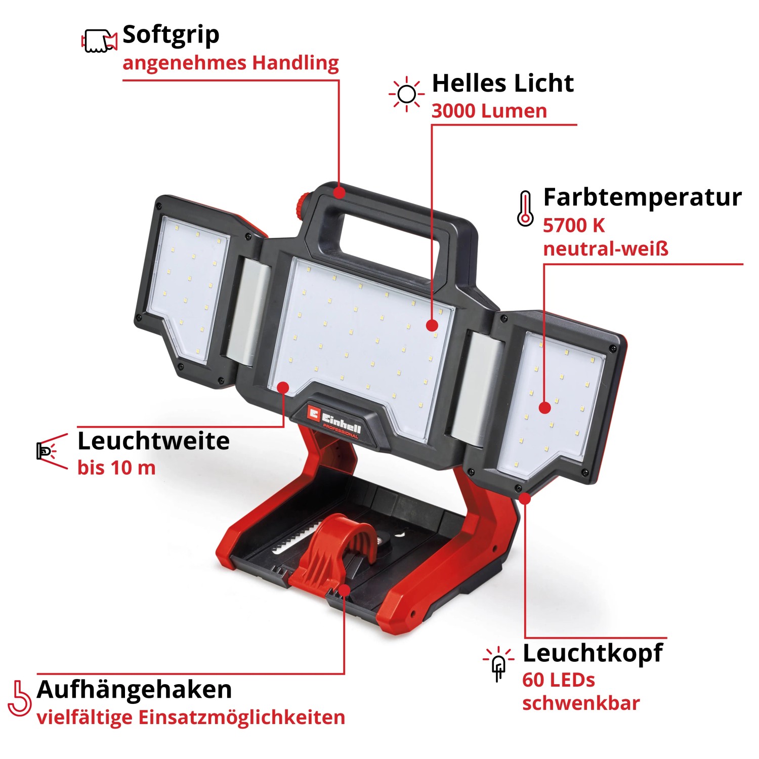 Einhell Akku-Lampe TP-CL 18/3000 Li-Solo: LED-Baustrahler mit Tragegriff und schwenkbarem Leuchtkopf.