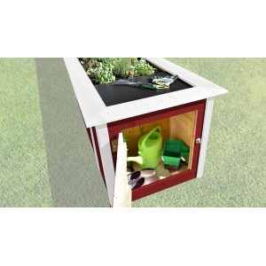 Weka Hochbeet rot mit Schrank: Holz-Hochbeet mit Bepflanzung und Gartengeräten im Schrank.