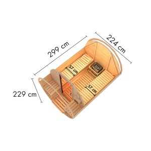 Karibu Fass-Sauna 2 Set, naturbelassen mit roten Schindeln, Innenansicht mit Maßen.