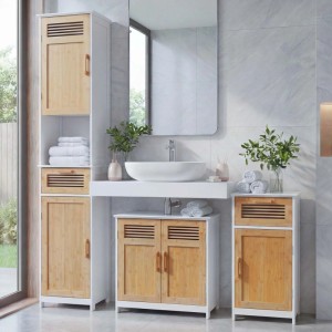 MCW Badset A85: Hochschrank, Waschbeckenunterschrank und Kommode aus MDF und Bambus.