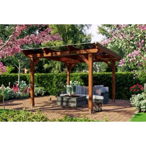 Nussbaum lasierter Holz-Pavillon Marseille im Garten mit transparenter Dacheindeckung und Sitzgruppe auf Terrasse.