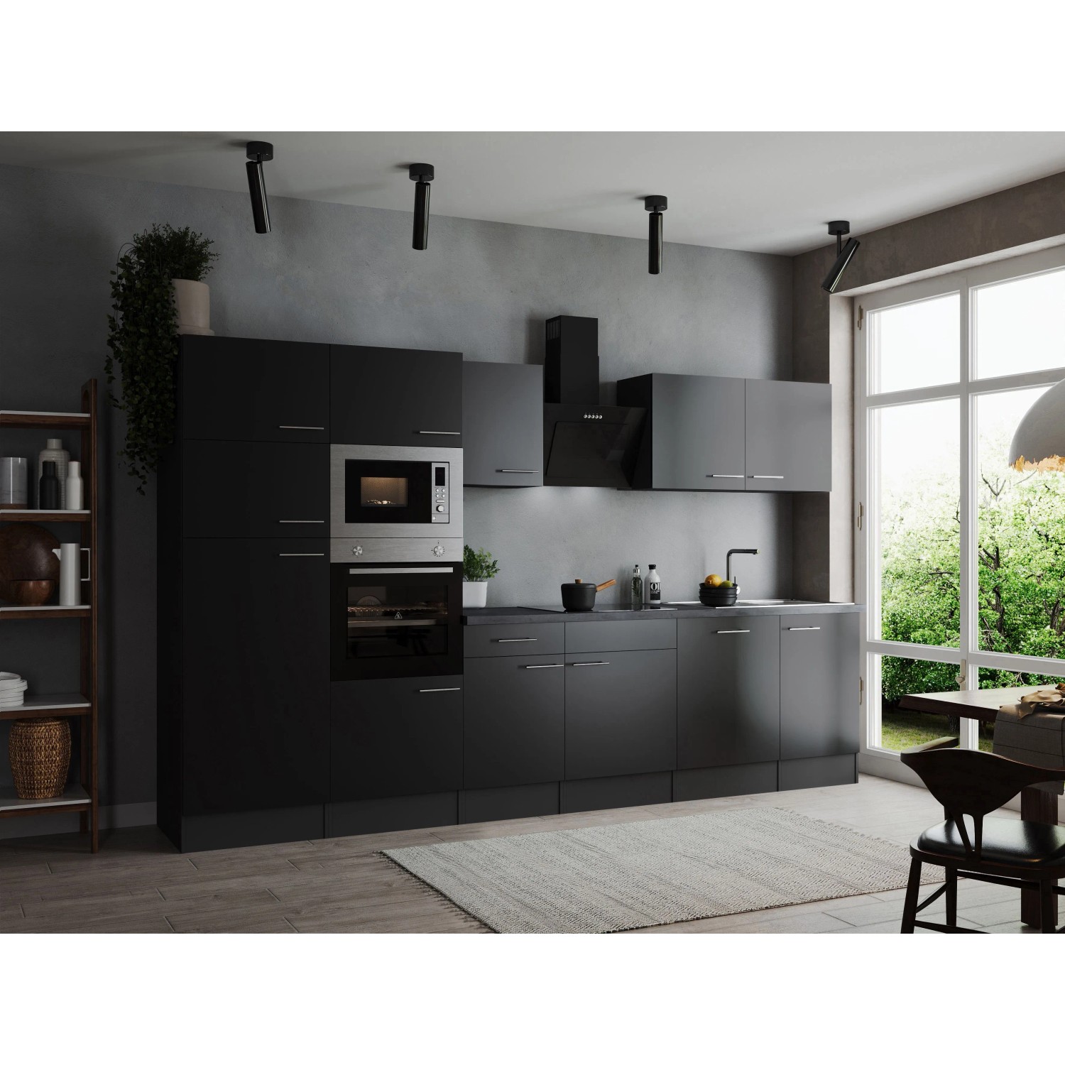 Respekta Küchenzeile Oliver 340 cm Schwarz mit E-Geräten und Spüle.