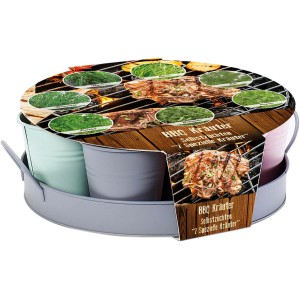 BBQ-Kräutersamen-Set mit Zinktablett und bunten Töpfen für Rosmarin, Koriander, Oregano, Dill, Petersilie, Thymian und Schnittlauch.