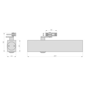 Geze Türschließer TS 2000NV Silber mit Standardgestänge, Maße und Details in technischer Zeichnung.