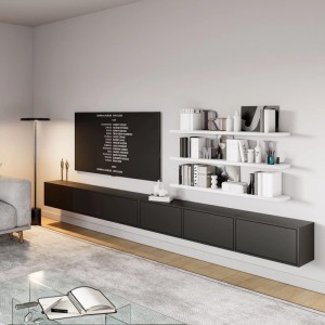 Modernes Selsey TV-Hängeboard Framme 300 cm in Schwarz, wandmontiert, mit grifflosen Klappen unter einem TV.