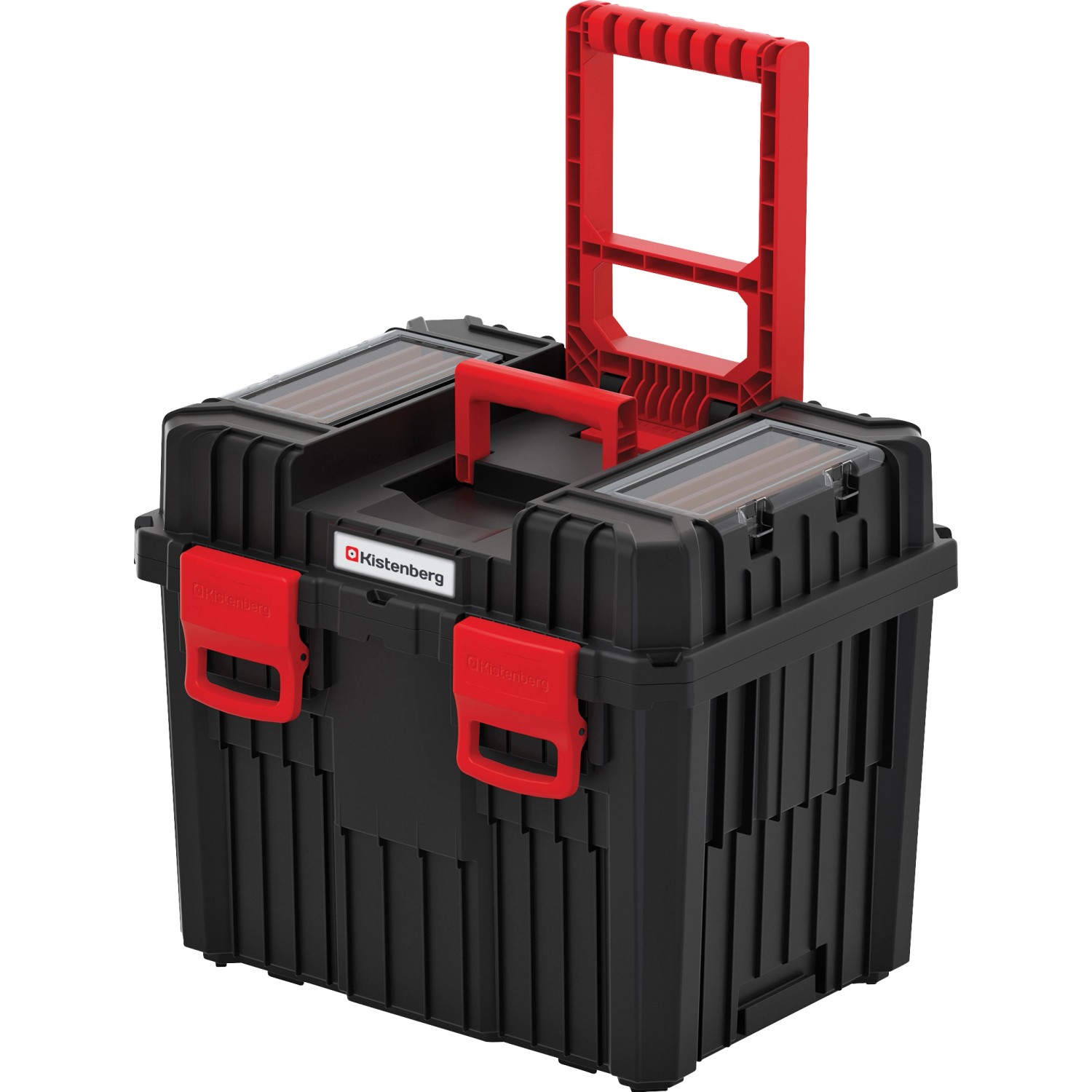 Kistenberg HEAVY Werkzeugtrolley 2 in 1, schwarzer Werkzeugkoffer mit rotem Griff und Rädern.