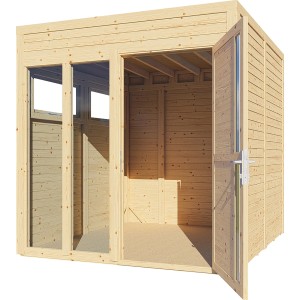 Bertilo Holz-Gartenhaus Cubus 2 Office aus naturbelassener Fichte mit geöffneter Tür und Fenster.