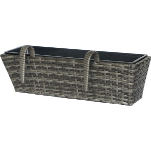 Anthrazit-grauer Polyrattan Balkonkasten 60 cm mit herausnehmbarem Topf und Halterung.