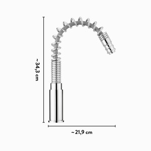 baliv Niederdruck Küchenarmatur KI-1340 N Chrom mit flexiblem Schlauch und Maßangaben.
