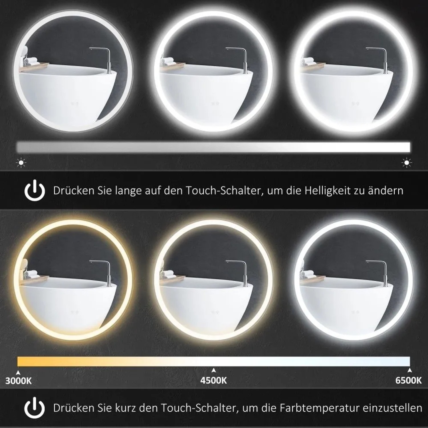 Runder Kleankin Badezimmerspiegel mit LED Beleuchtung, zeigt einstellbare Helligkeit und Farbtemperatur per Touch Control.