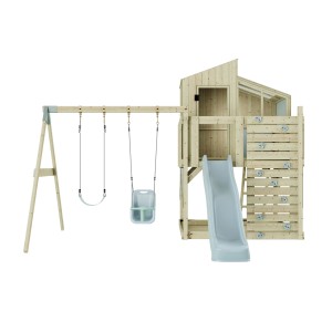 PolarPlay Babyschaukel Bosse Eisblau mit Spielhaus, Rutsche und Kletterwand aus Holz.