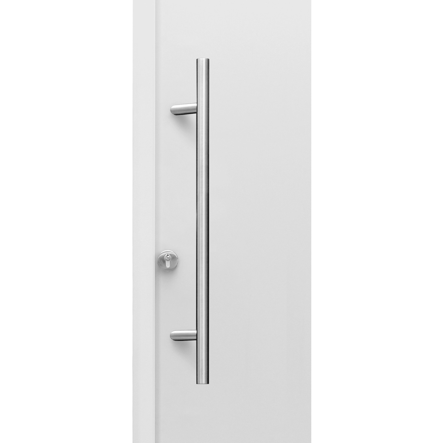 Weiße Haustür ThermoSpace Prime Palermo mit Edelstahl-Stangengriff (Anschlag links).