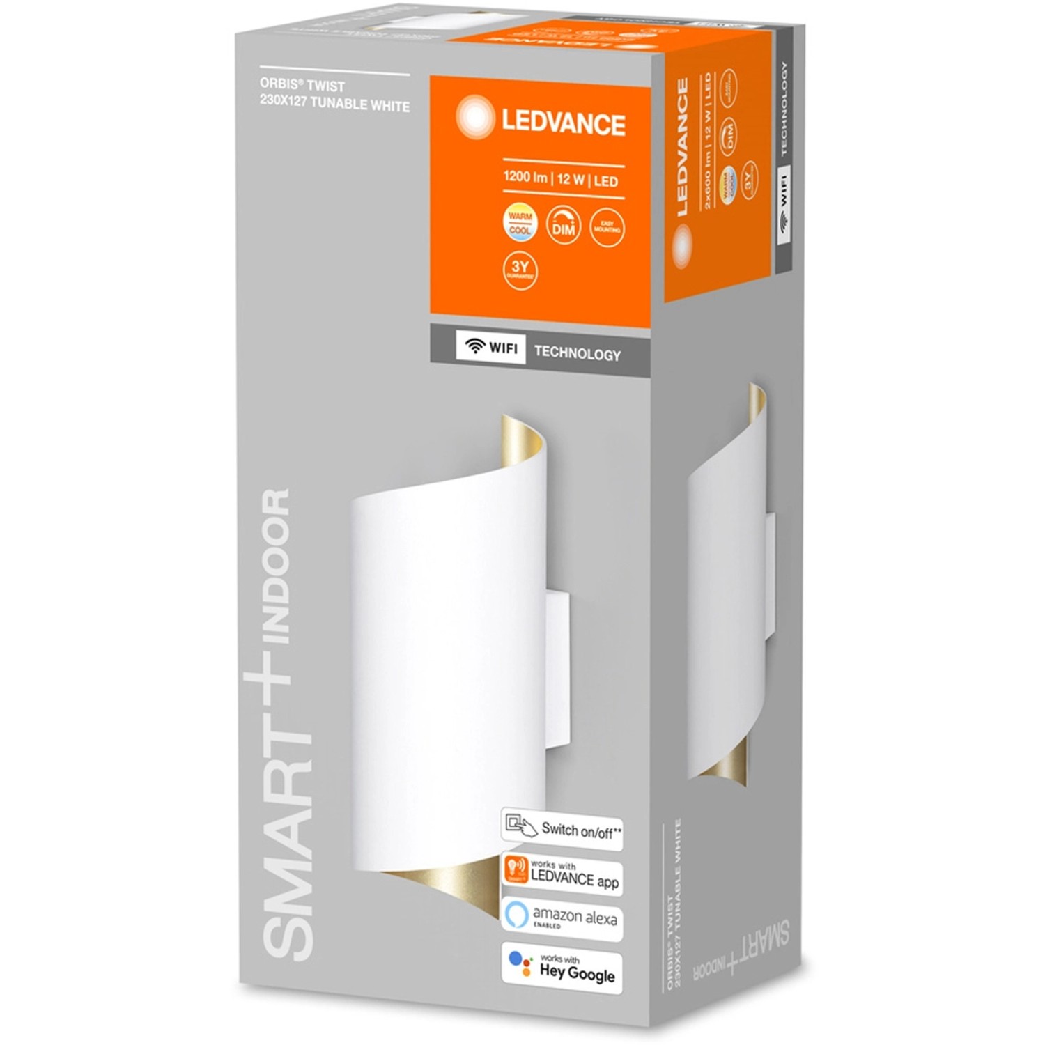 Ledvance Smart+ WiFi Wandleuchte Orbis Wall Twist, dimmbar, weiß/gold, in Verpackung.