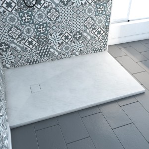 Aurlane Duschtasse Stone 140x90, weiße Duschwanne in Steinoptik mit Ablauf, fast ebenerdig.
