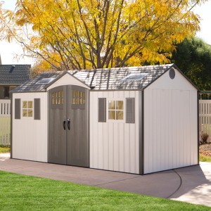 Lifetime Gerätehaus Castle, 11,15 m², aus Kunststoff mit Doppeltür und Fenstern.