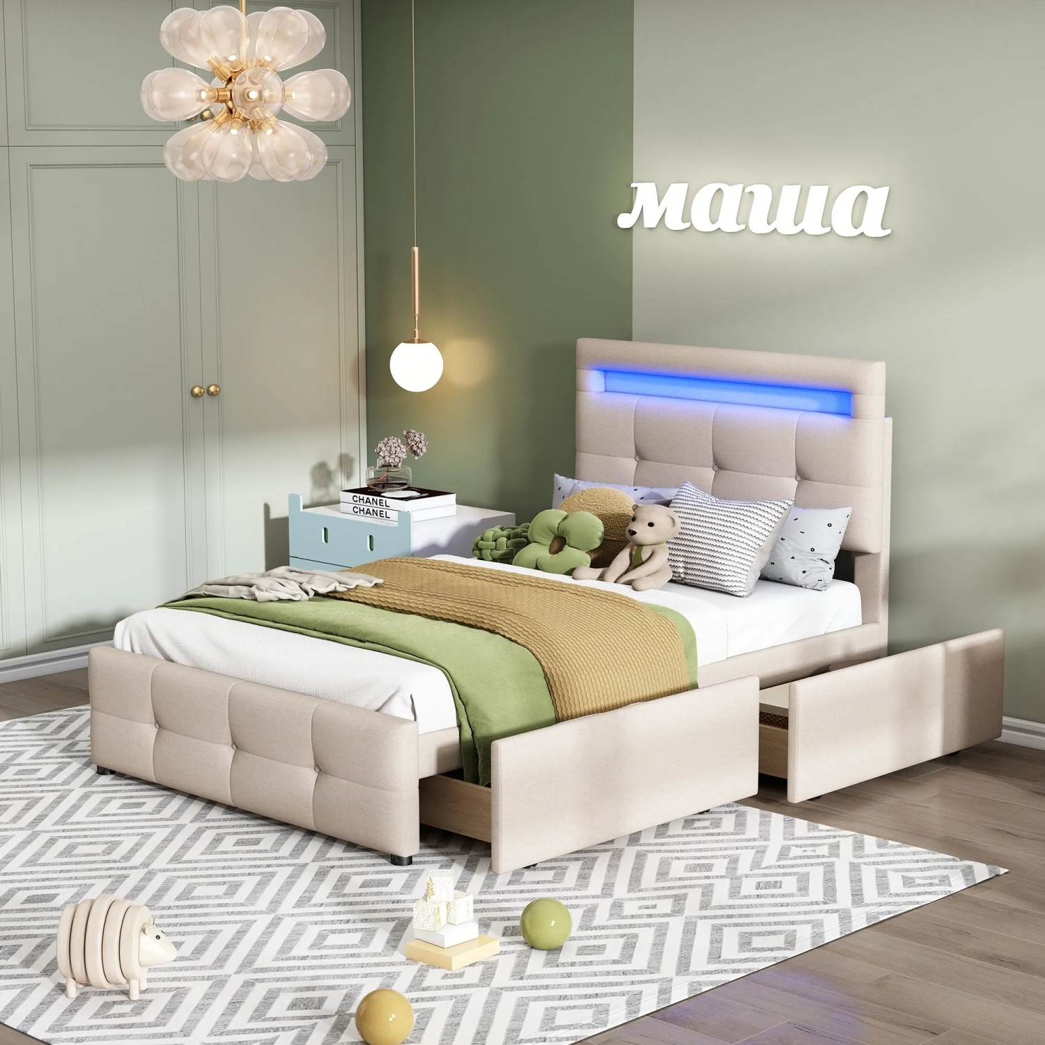 okwish Polsterbett 90x200cm mit LED Leuchten Kinderzimmer Beige ohne Matratze_4