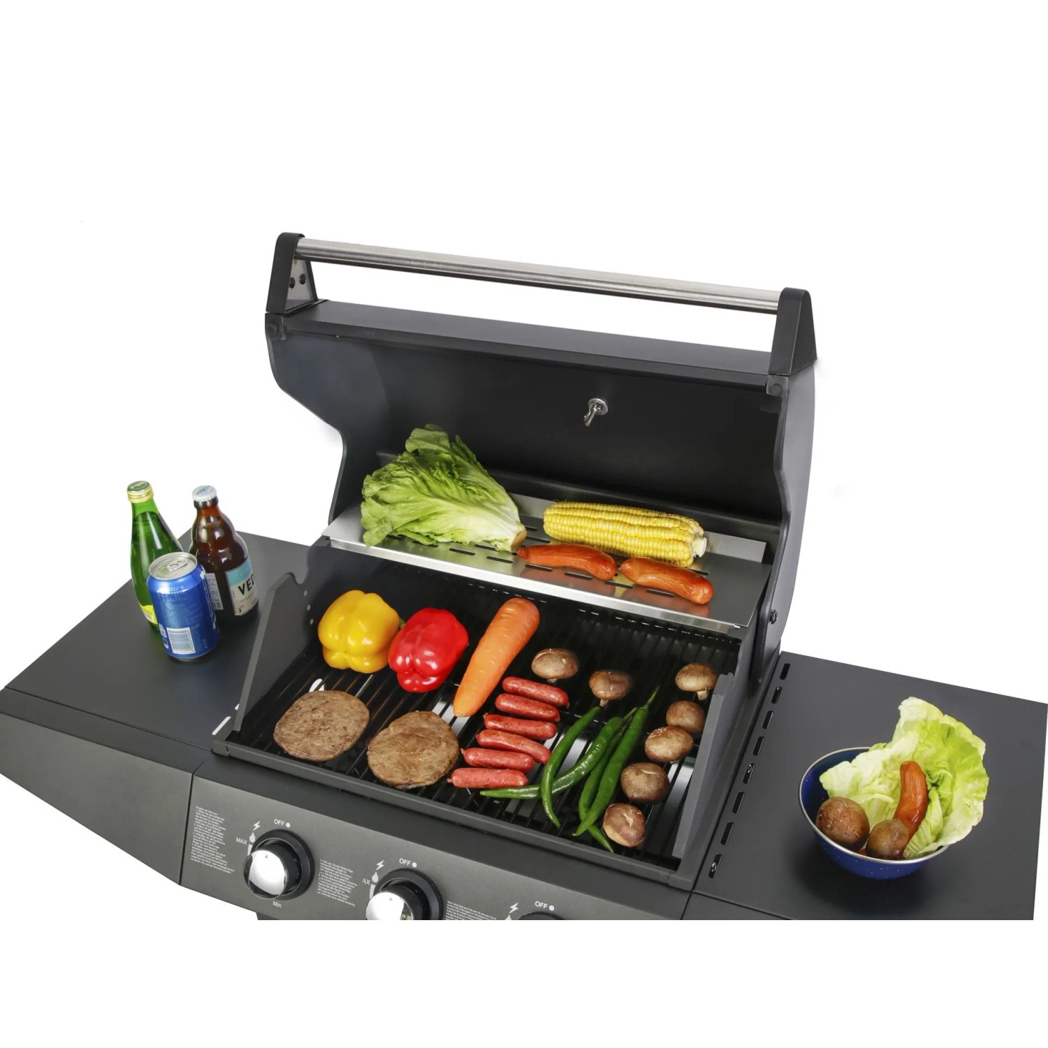 El Fuego Gasgrill San Angelo mit 3 Brennern und Grillgut.