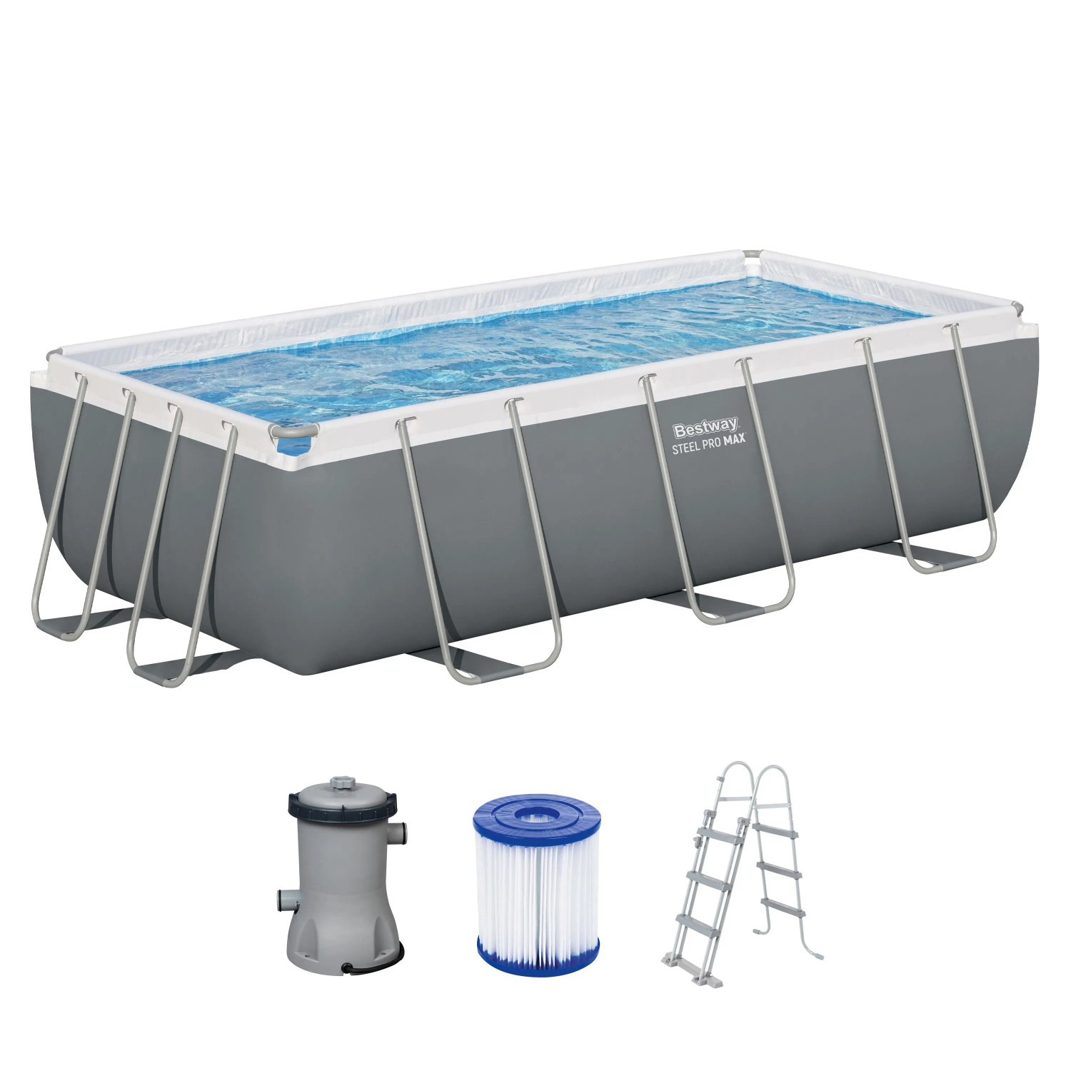 Rechteckiger Bestway Stahlrahmen-Pool in Grau mit blauem Wasser, inklusive Filterpumpe, Filterkartusche und Sicherheitsleiter.