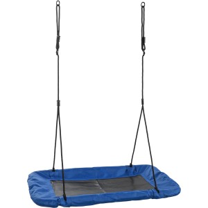 Rechteckige, blaue SwingKing Nestschaukel aus Leinwand mit schwarzen Seilen.
