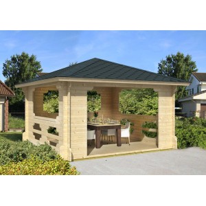 Heller Holz-Gartenpavillon Ibiza mit Spitzdach, 440x440 cm, mit Tisch und Stühlen.