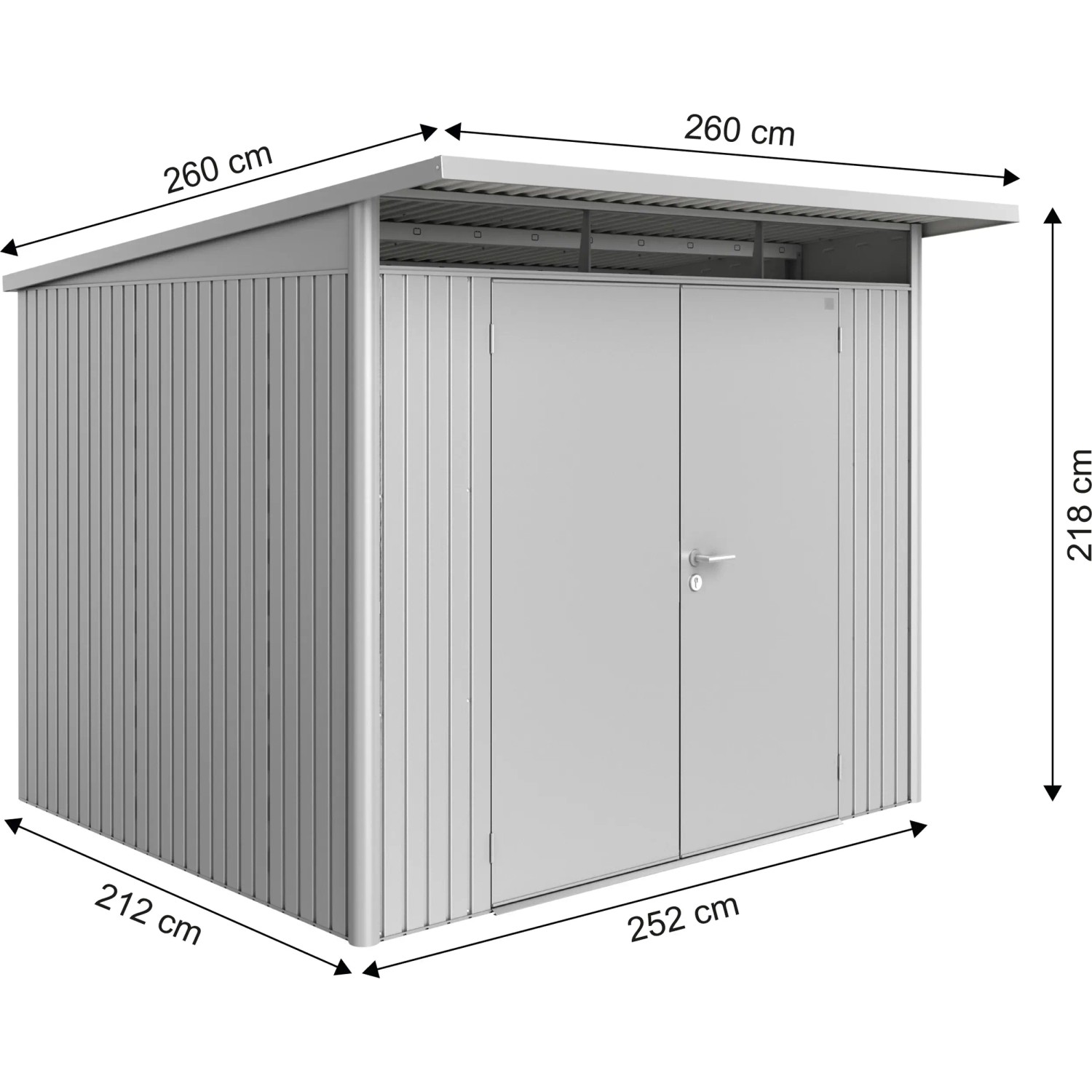 Biohort Metall-Gerätehaus AvantGarde A6, silber-metallic, mit Doppeltür und Maßangaben.